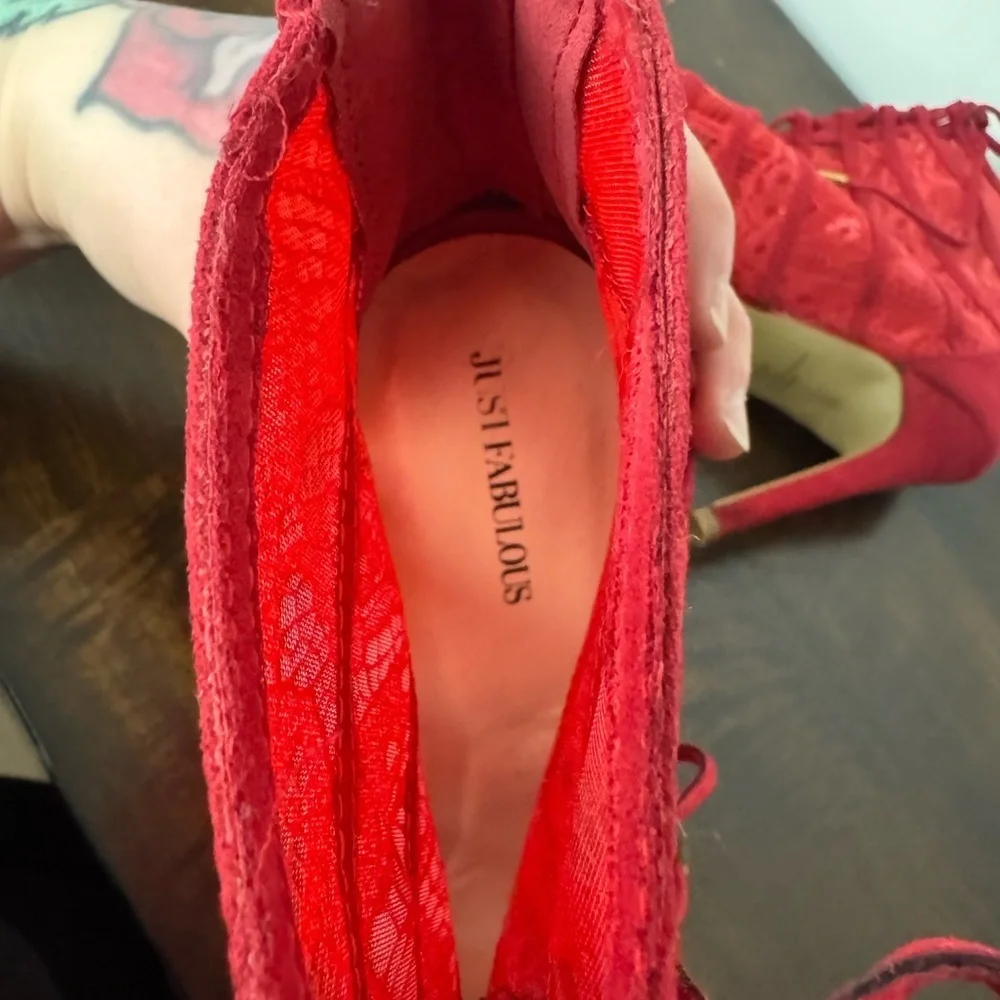JustFab Red Lace Up Stiletto Heels, US Size 8.5